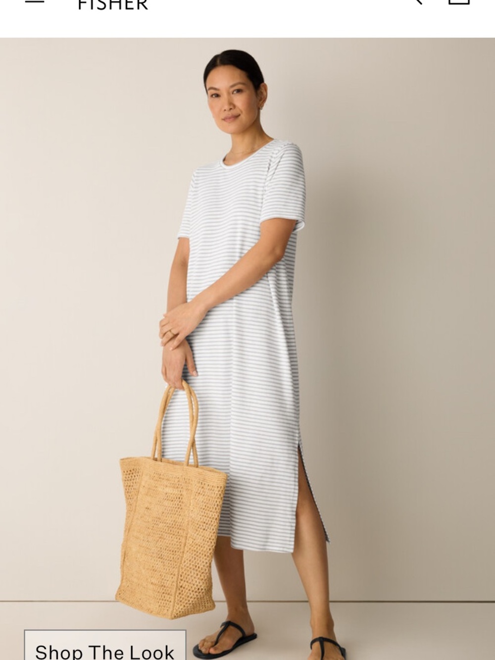 Eileen Fisher White and Light Blue Striped Short-Sleeve Midi Coverup